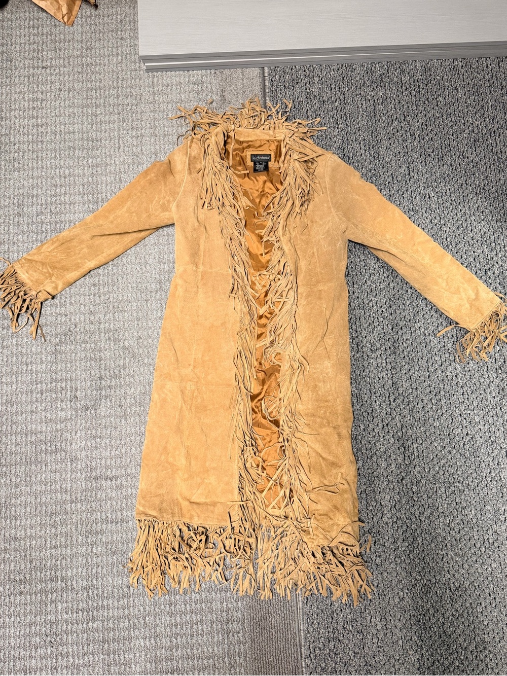 Le Chateau Long Tan Suede Fringe Coat
